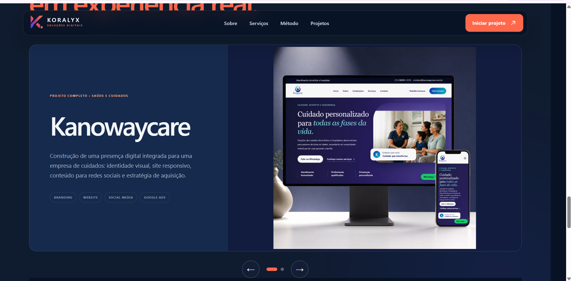 Site responsivo da Kanowaycare apresentado em monitor e celular.